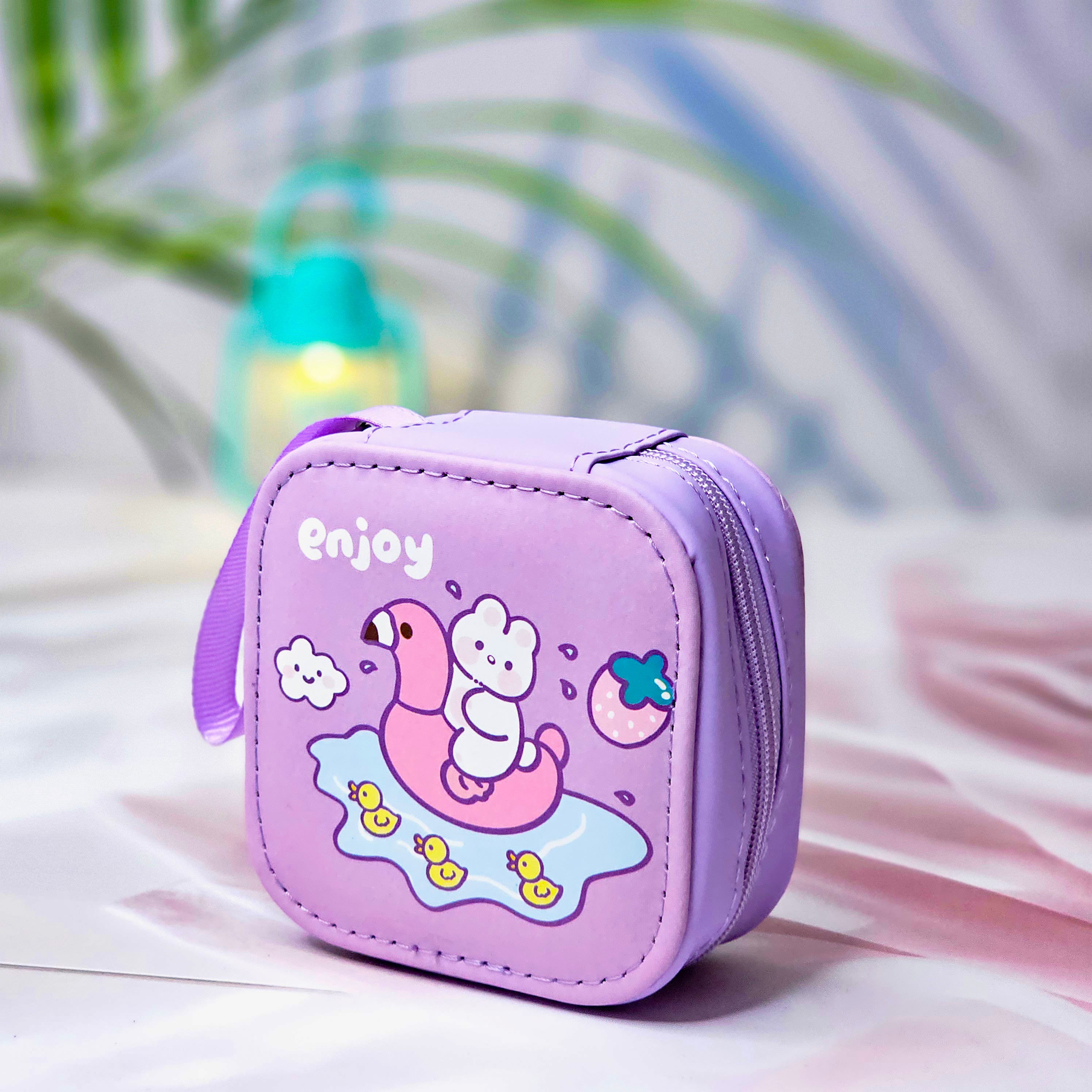 Six colorful cute cartoon square mini zipper pouches with astronaut, bunny, dinosaur, dog, and cloud designs, ideal for coins, earphones, and accessories